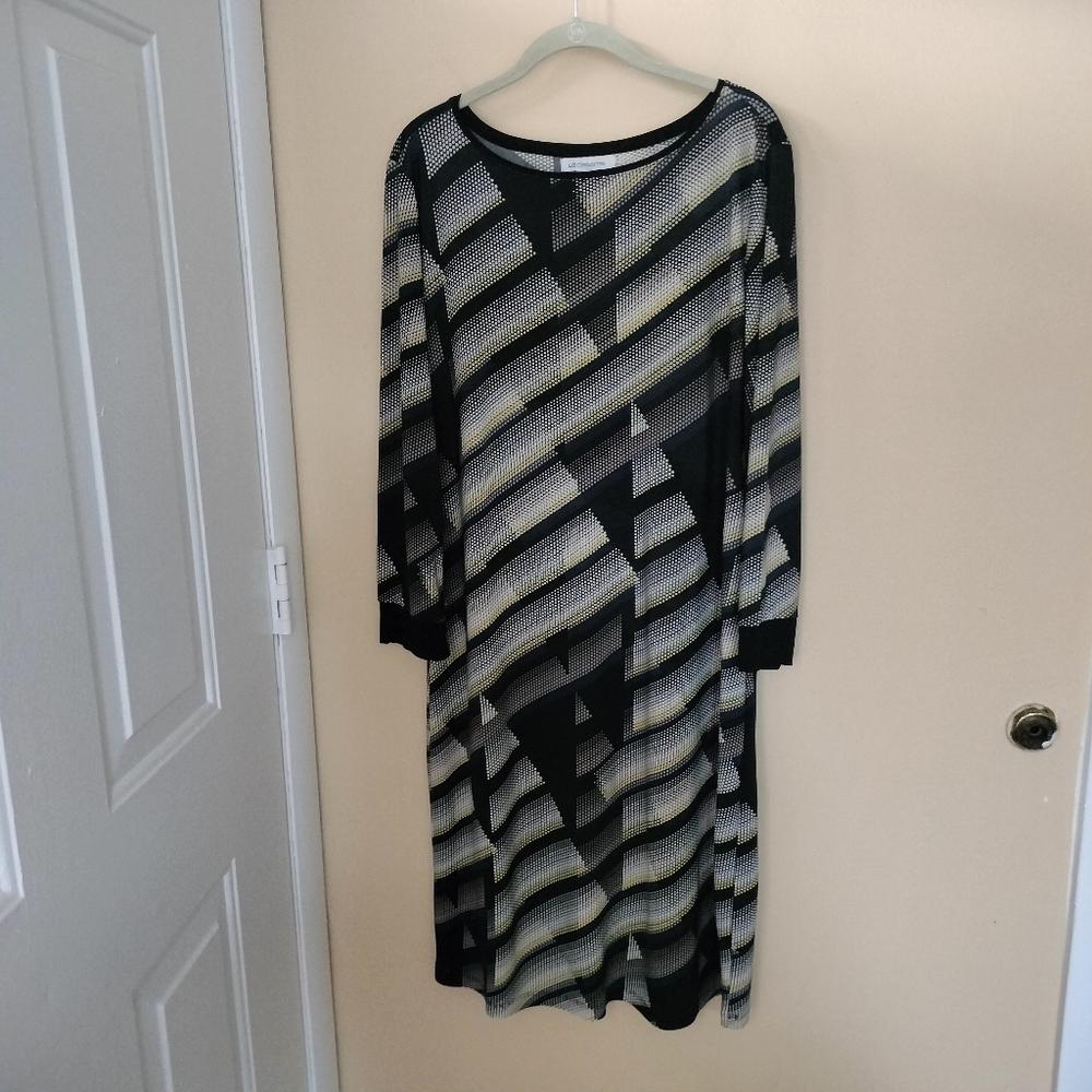 Liz Claiborne Black Blue Yellow Geometric Print Dress L Stretch Comfort Office